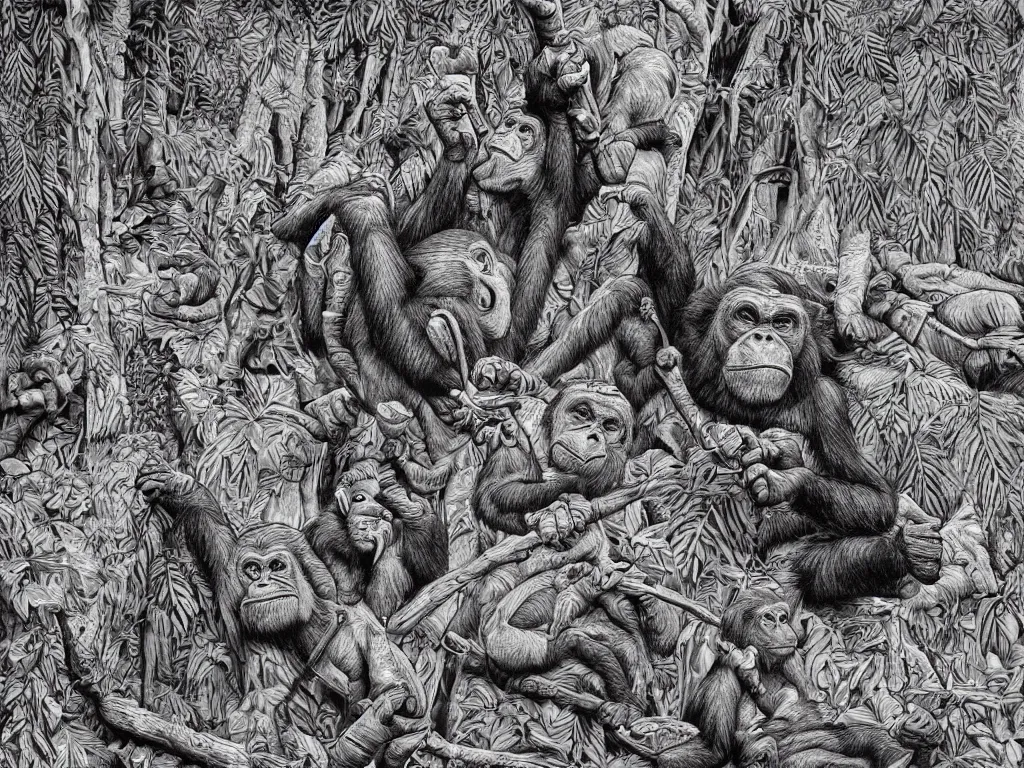 Prompt: bored ape club monkeies by Chor Boogie, intricate details, ultra detailed, 4K, award-winning, touch of M. C. Escher and Salvador Dali