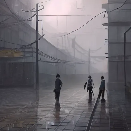 Image similar to raining dark smog dieselpunk dystopia makoto shinkai corrogated steel walkway