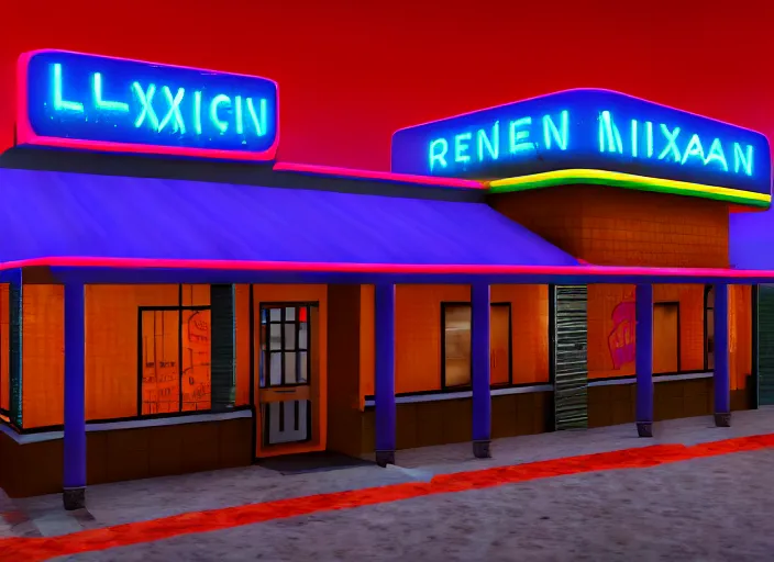 Prompt: exterior photo of a lone mexican restaurant, neon lights, vaporware, in a flat snowy field. 15mm. Very detailed 8k. Sharp. Cinematic post-processing. Unreal engine. Nanite. Ray tracing. Parallax. Tessellation