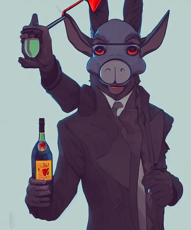 Image similar to a portrait of an anthropomorphic donkey holding a martini, cyberpunk!, fantasy, elegant, digital painting, artstation, concept art, matte, sharp focus, illustration, art by josan gonzalez