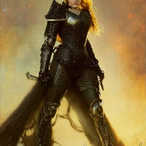 Image similar to blonde florence pugh, wearing dark black ornamented medieval armour, detailed, by gaston bussiere, bayard wu, greg rutkowski, giger, maxim verehin, greg rutkowski, masterpiece, sharp focus,