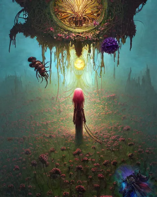 Prompt: the platonic ideal of flowers, rotting, insects and praying of cletus kasady carnage davinci dementor chtulu mandelbulb mandala ponyo botw dinotopia the witcher, fantasy, ego death, decay, dmt, psilocybin, concept art by greg rutkowski and simon stalenhag and alphonse mucha