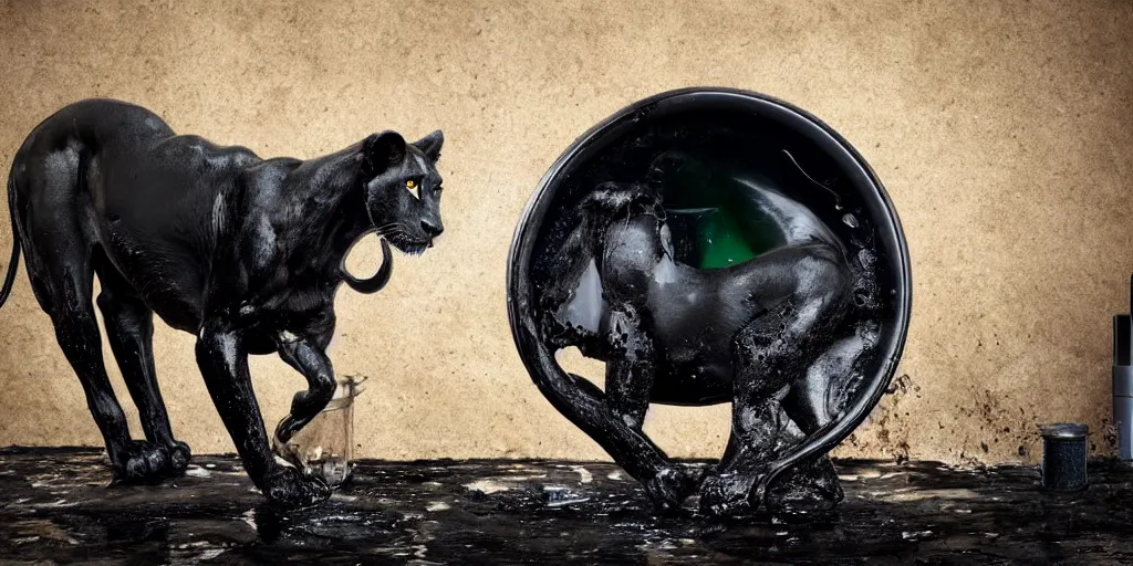 Image similar to a black lioness made of ferrofluid bathing inside the bathtub full of tar, covered with tar. dslr, photography, realism, animal photography, color