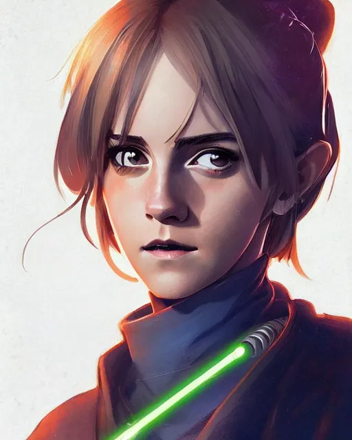 Image similar to An anime portrait of Emma Watson as a beautiful woman in the Star Wars universe with a lightsaber, by Stanley Artgerm Lau, WLOP, Rossdraws, James Jean, Andrei Riabovitchev, Marc Simonetti, and Sakimichan, trending on artstation