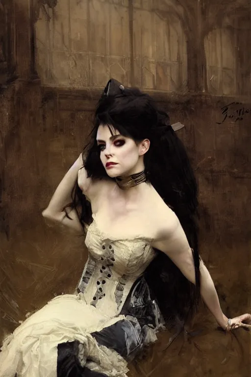 Prompt: Richard Schmid and Jeremy Lipking full length portrait painting of a young beautiful victorian steampunk vampire woman Elvira Mistress of the Dark