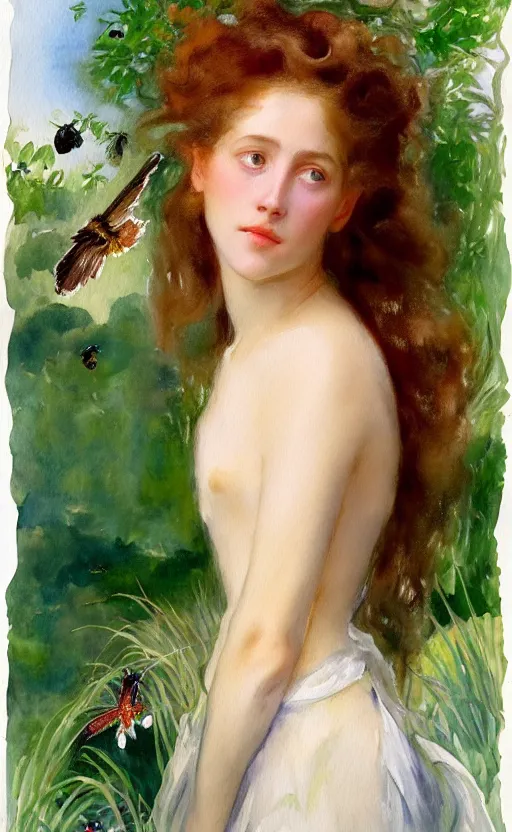 Prompt: the face of a young woman with marble complexion, angelic features, dancing curls around her face, her head raised in rapture, symmetrical eyes, watercolor by john singer sargent, background lush vegetation, insects and birds, 8 k uhd
