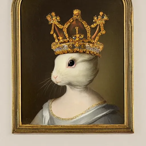 Prompt: a rabbit wearing a crown dressed as a queen, 18th century oil painting