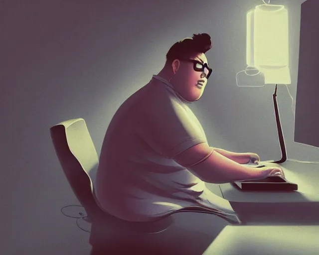 Prompt: an insanely detailed painting of a chubby nerdy asian man wearing a homemade superhero costume, sitting at a computer desk typing on the keyboard, in the style of peter mohrbacher, dramatic lighting and composition, trending on artstation, concept art, comic book, graphic novel, back view