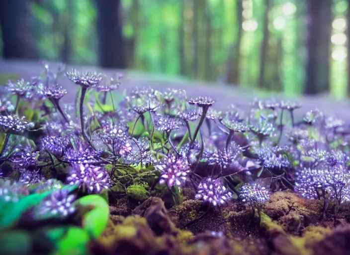 Image similar to a fantasy forest on an alien planet with delicate flowers and mushrooms that glow in the dusk, macro close up, f32, bokeh,