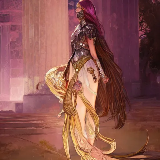 Prompt: portrait knights of Zodiac girl, metalic pink and pastel purple reflected armor, in ruined Agora of Athens sunset, ssci-fi, fantasy, intricate, very very beautiful, elegant, golden light, highly detailed, digital painting, artstation, concept art, smooth, sharp focus, illustration, art by tian zi and WLOP and alphonse mucha