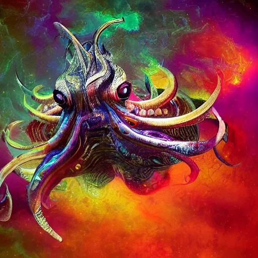 Image similar to fantasy art hyper realistic ai created interesting bizarre subconscious of flamboyant cuttlefish with fractal vignette edge fantastic art award winning best ultra detailed magnificent
