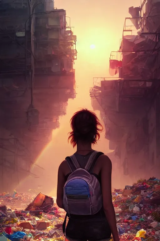 Prompt: young woman minishort with backpack looking at food at garbage dump, destroyed cars, city is pure wasteland, moody sunset background, rays of sunlights, ( ( ( rainbow ) ) ), high details, sharp, photorealism, cinematic, greg rutkowski, alphonse mucha, trending on artstation, artgerm, unreal engine, highly detailed