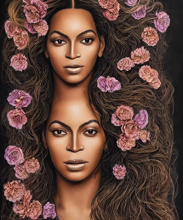 Image similar to facial portrait of Beyonce as a young pretty woman in flowing dress, arrogant, mysterious, long fine flowing hair, delicate, looking at camera, slightly awkward smile, realistic face, no hands visible, intricate, stylish, elegant, grimdark fantasy, flowers, extremely detailed painting by Martine Johanna and Ernst Haeckel and Greg Rutkowski