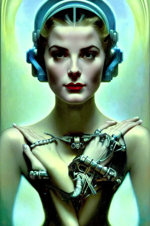 Image similar to young and beautiful evil cyborg grace kelly by steichen from the future in the style of tom bagshaw, alphonse mucha, gaston bussiere, cyberpunk. anatomically correct surreal body mods. extremely lush detail. masterpiece. melancholic scene infected by night. perfect composition and lighting. sharp focus. high contrast lush surrealistic photorealism. sultry expression on her face.