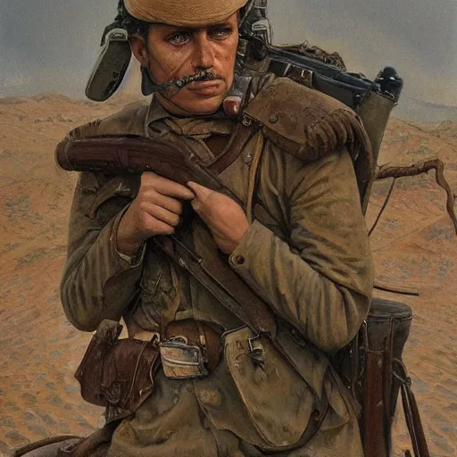 Image similar to a detailed photorealistic muted - color portrait painting of a 1 9 1 7 worried clean - shaven british lieutenant in field gear from the arab bureau in wadi rum, ultra realistic, intricate details, atmospheric, dark, brooding, highly detailed, by clyde caldwell