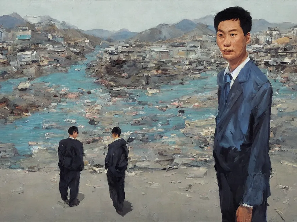 Image similar to ‘The Center of the World’ (Liu Xiaodong realist oil painting, large thick messy colorful brushstrokes, office worker from behind, next to a blue river and mountains) was filmed in Beijing in April 2013 depicting a white collar office worker. A man in his early thirties – the first single-child-generation in China. Representing a new image of an idealized urban successful booming China.