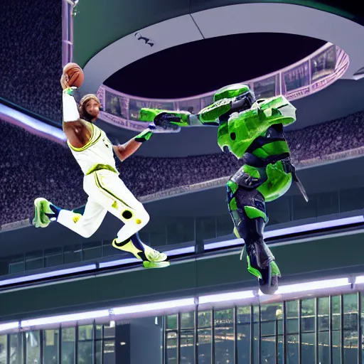 Image similar to master chief slam dunking on a halo grunt, NBA stadium, detailed 8K render