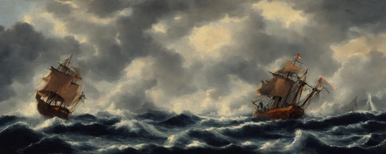 Prompt: a galleon in a stormy sea, lightning and craggy rocks, oil painting