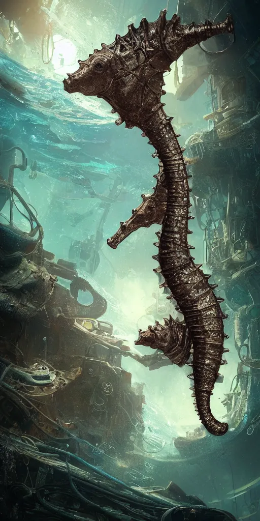 Image similar to a seafloor view of a seahorse swimming on the street corner of the steampunk city of Atlantis by Cedric Peyravernay, highly detailed, full view of seahorse, excellent composition, cinematic concept art, dramatic lighting, trending on ArtStation