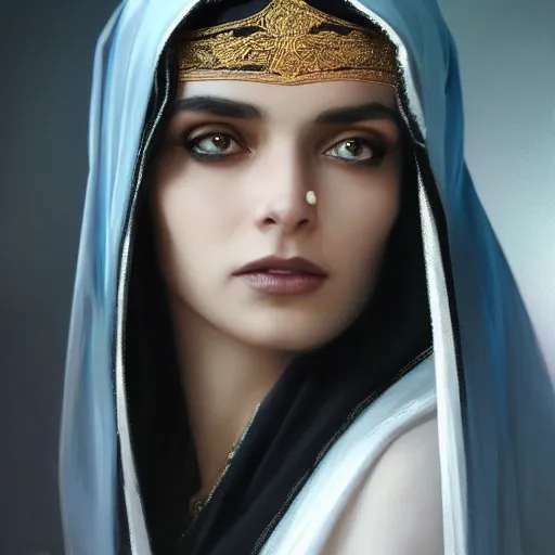 Image similar to a Photorealistic dramatic hyperrealistic render of an arab ameera al taweel, blue eyes, black hair, white veil,by WLOP,Artgerm,Greg Rutkowski,Alphonse Mucha, Beautiful dynamic dramatic dark moody lighting,shadows,cinematic atmosphere,Artstation,concept design art,Octane render,8K