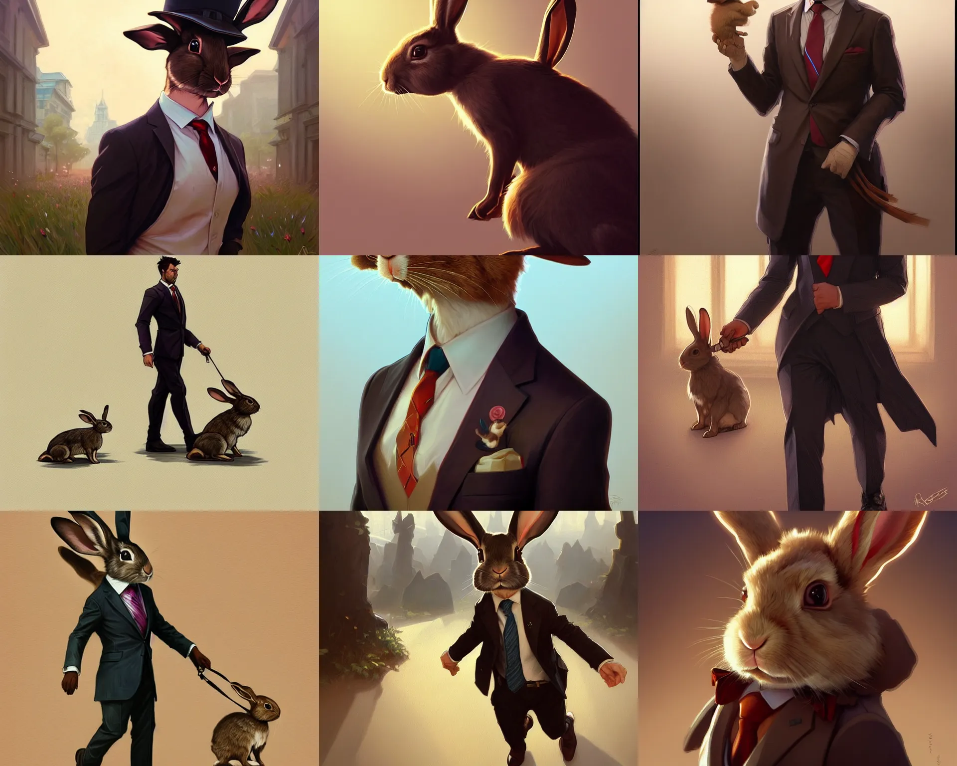 Prompt: rabbit wearing a tie walking, deep focus, turnaround, highly detailed, digital painting, artstation, concept art, matte, sharp focus, illustration, hearthstone, intrincate, elegant, art by artgerm and greg rutkowski and alphonse mucha.