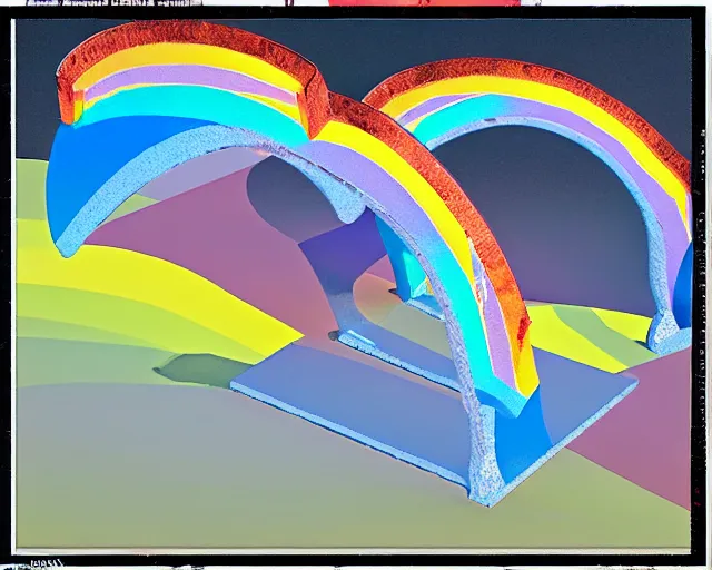 Prompt: isometric 3 d surrealist rainbow above a non - euclidean pagan monument in a desert, frequencies divided as sacred geometry 3 d shapes, very surreal, by dali