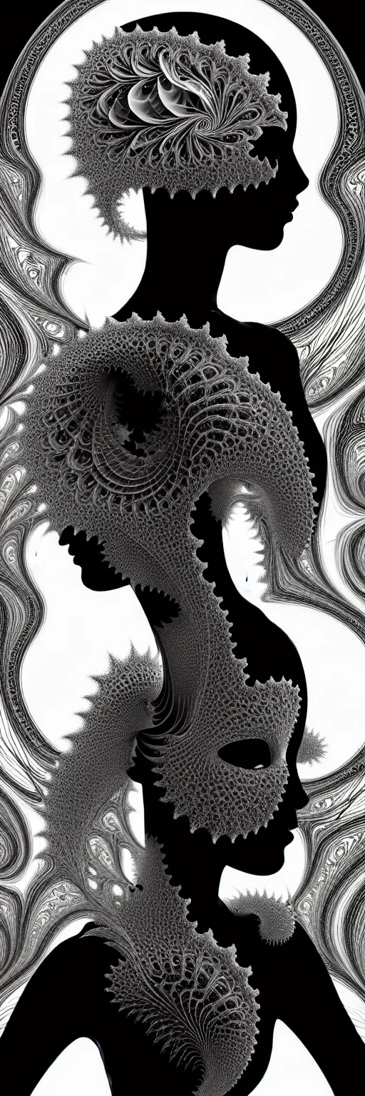 Image similar to portrait of a young beautiful woman with a partially covering mask. fractal, mandelbulb technique. black and white, black on black. intricate, elegant, super highly detailed, professional digital painting, smooth, extreme illustration, Photorealism, HD quality, 8k resolution, 3D, beautiful, cinematic, art. art deco, art nouveau.