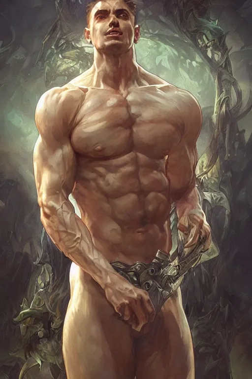 Image similar to Handsome man, muscular upper body, D&D, fantasy, intricate, elegant, highly detailed, digital painting, artstation, concept art, smooth, sharp focus, illustration, art by artgerm and greg rutkowski and alphonse mucha