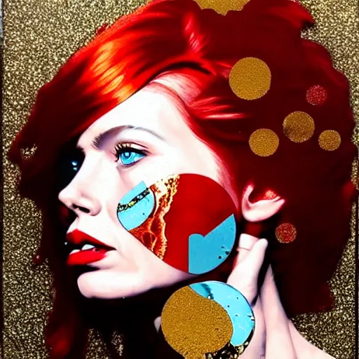 Prompt: portrait of red head woman :: side profile :: in ocean :: guns and bullets :: metallic details :: gold and petals pattern :: blood and horror :: by marvel and Sandra Chevrier