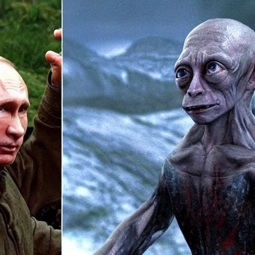 Image similar to Vladimir Putin as Gollum in Lord of the Rings, burning fires of Mordor in the background