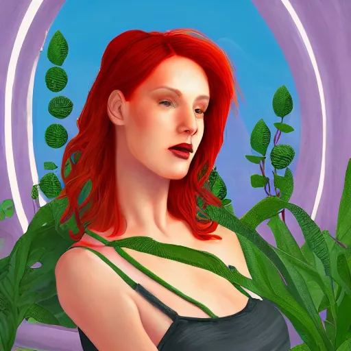Prompt: a portrait of a redhead woman and ancient ruins with plants,digital art,retrowave art,trending on art station