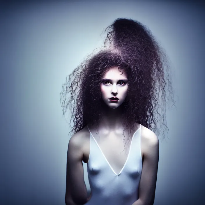Prompt: simulated photography of a young woman with long curly hair, dressed in long white, light painting in style of Paolo Roversi, professional studio lighting, dark background, hyper realistic photography, fashion magazine style