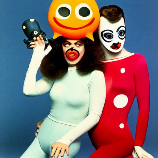 Prompt: 1978 twin women on tv show wearing an inflatable smileymask with a long prosthetic nose and googly eyes, technicolor wearing a leotard at the store 1978 color film 16mm holding a hand puppet Fellini John Waters Russ Meyer Doris Wishman