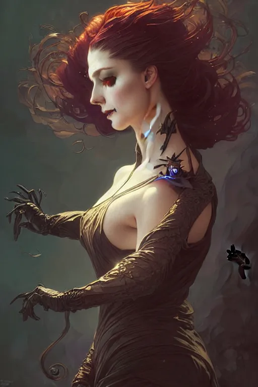 Image similar to halloween witch woman, fantasy magic, undercut hairstyle, intricate, elegant, sharp focus, illustration, highly detailed, digital painting, concept art, matte, art by wlop and artgerm and greg rutkowski and alphonse mucha, masterpiece