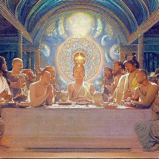 Prompt: buddha explaining the universe in last supper painting by gaston bussiere, craig mullins, j. c. leyendecker, lights, art by ernst haeckel, john william godward, hammershøi,,
