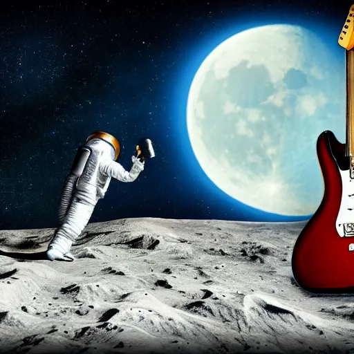 Image similar to photo of a detailed, realistic, regular sized, sitting idle fender electric guitar next to a sitting idle beer can and an astronaut sitting down on the moon surface. detailed photo. realistic photo. cinematic. cinematic shot