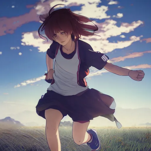 Prompt: a girl is running, sport clothing, anime style, short hair, hair down, symmetrical facial features, smiling mouth, from arknights, hyper realistic, rule of thirds, extreme detail, detailed 4 k drawing, trending pixiv, realistic lighting, by alphonse mucha, greg rutkowski, sharp focus, backlit, high budget show