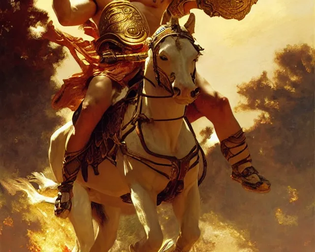 Image similar to attractive apollo greek god, riding his fire chariot. highly detailed painting by gaston bussiere, craig mullins, j. c. leyendecker 8 k