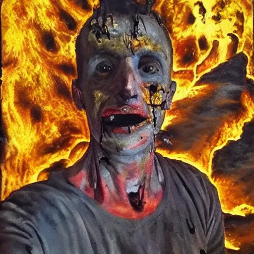 Prompt: armageddon they will be dead and we go to paradise, funny and frightened ukrainian burned to bones in dirty yellow and blue rags on the background of a huge nuclear explosion hyperrealism, selfie