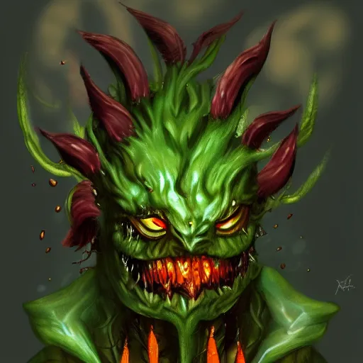 Image similar to A plant demon with amber eyes, menacing smile, voracious, trending on art station