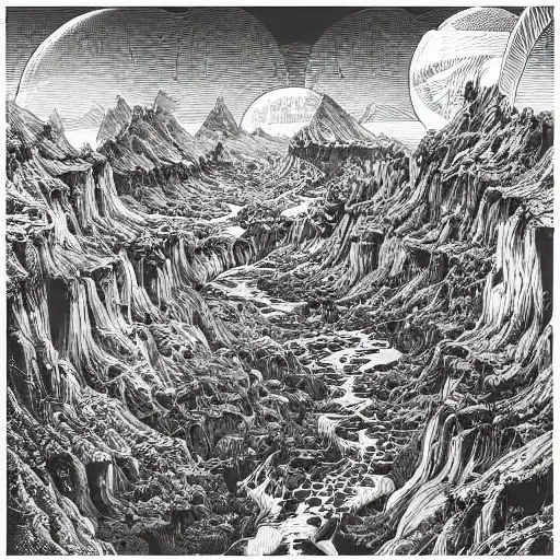 Prompt: impressive fantasy landscape, beautiful line art, pure b & w, etching illustration, square sticker, by joe fenton