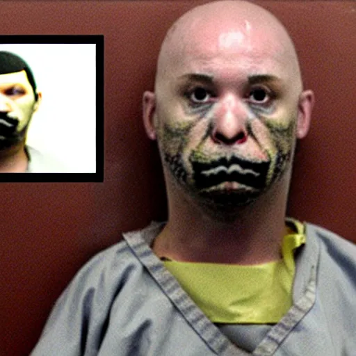 Image similar to chicken dressed with inmate clothes, mugshot in a police station