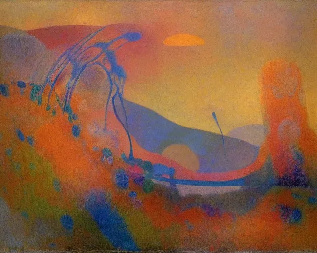 Image similar to A wild, insane, modernist landscape painting. Wild energy patterns rippling in all directions. Curves, organic, zig-zags. Saturated color. Mountains. Clouds. Rushing water. Waves. Psychedelic dream world. Odilon Redon.