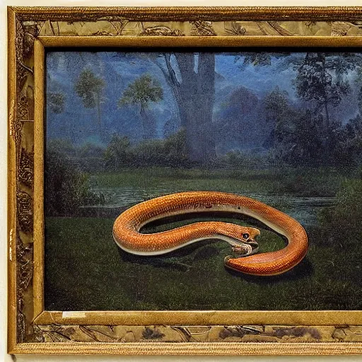 Prompt: A beautiful mixed media art of a snake eating its own tail that seems to go on forever. orpist by Albert Bierstadt, by Cornelia Parker lively