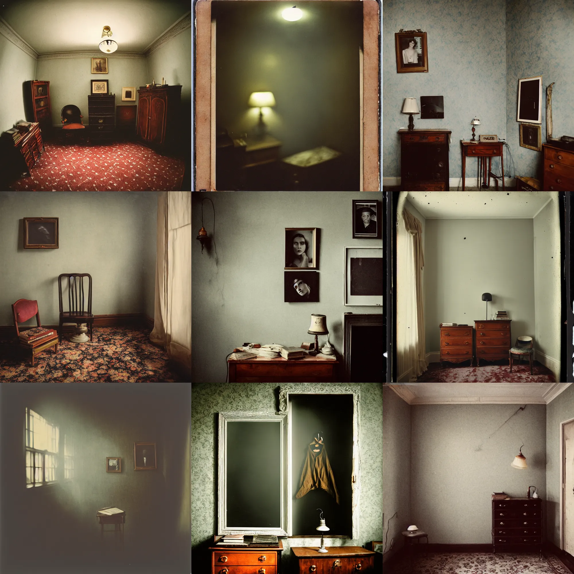 Prompt: kodak portra 4 0 0, wetplate, 8 mm extreme fisheye, award - winning portrait by britt marling, a haunting ghost in a 1 9 2 0 s room, ghost, picture frames, shining lamps, dust, smoke, 1 9 2 0 s furniture, wallpaper, carpet, books, muted colours, wood, fog,