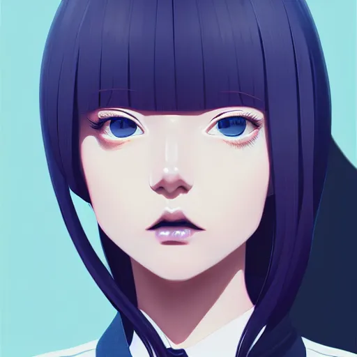 Image similar to urban high school girl in shirt fanart, dark blue long hair, muted colors, matte print, pastel colors, ornate, digital art, digital painting, fan art, elegant, artstation, by Ilya Kuvshinov