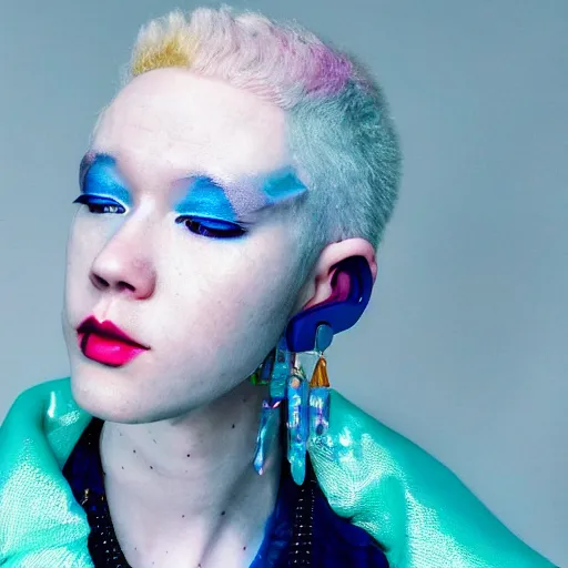 Image similar to a close - up risograph of cyberpunk albinism model girl wearing lots of transparent and cellophane accessories, light blue colors, huge earrings and queer make up, blue hour, trash style, oversaturated, hue - shifted, twilight, cool, portrait, crispy, full - shot, blue sky, kodachrome, photo by mayumi hosokura