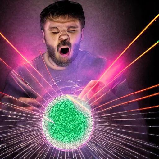 Prompt: a man eating a bowl of lazers