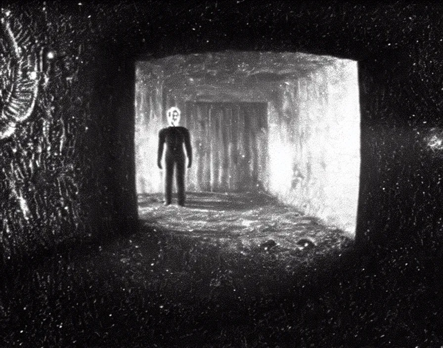 Image similar to a film shot of a portal into a horrifying universe, scifi, horror, cosmic horror, nightmare, found footage, film grain, creepy, uncanny, directed by david lynch