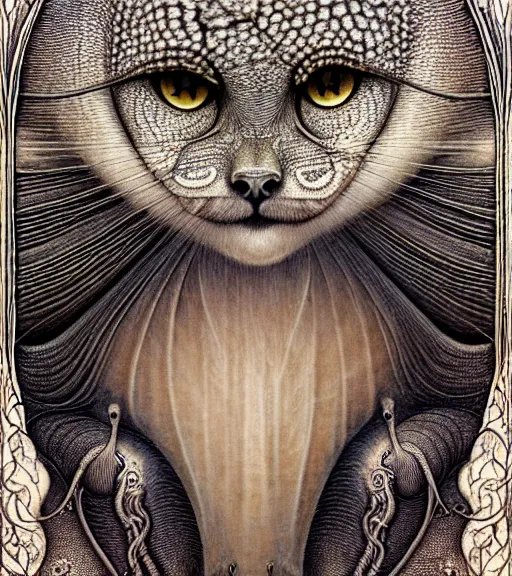 Image similar to detailed realistic beautiful manul goddess face portrait by jean delville, gustave dore, iris van herpen and marco mazzoni, art forms of nature by ernst haeckel, art nouveau, symbolist, visionary, gothic, neo - gothic, pre - raphaelite, fractal lace, intricate alien botanicals, ai biodiversity, surreality, hyperdetailed ultrasharp octane render